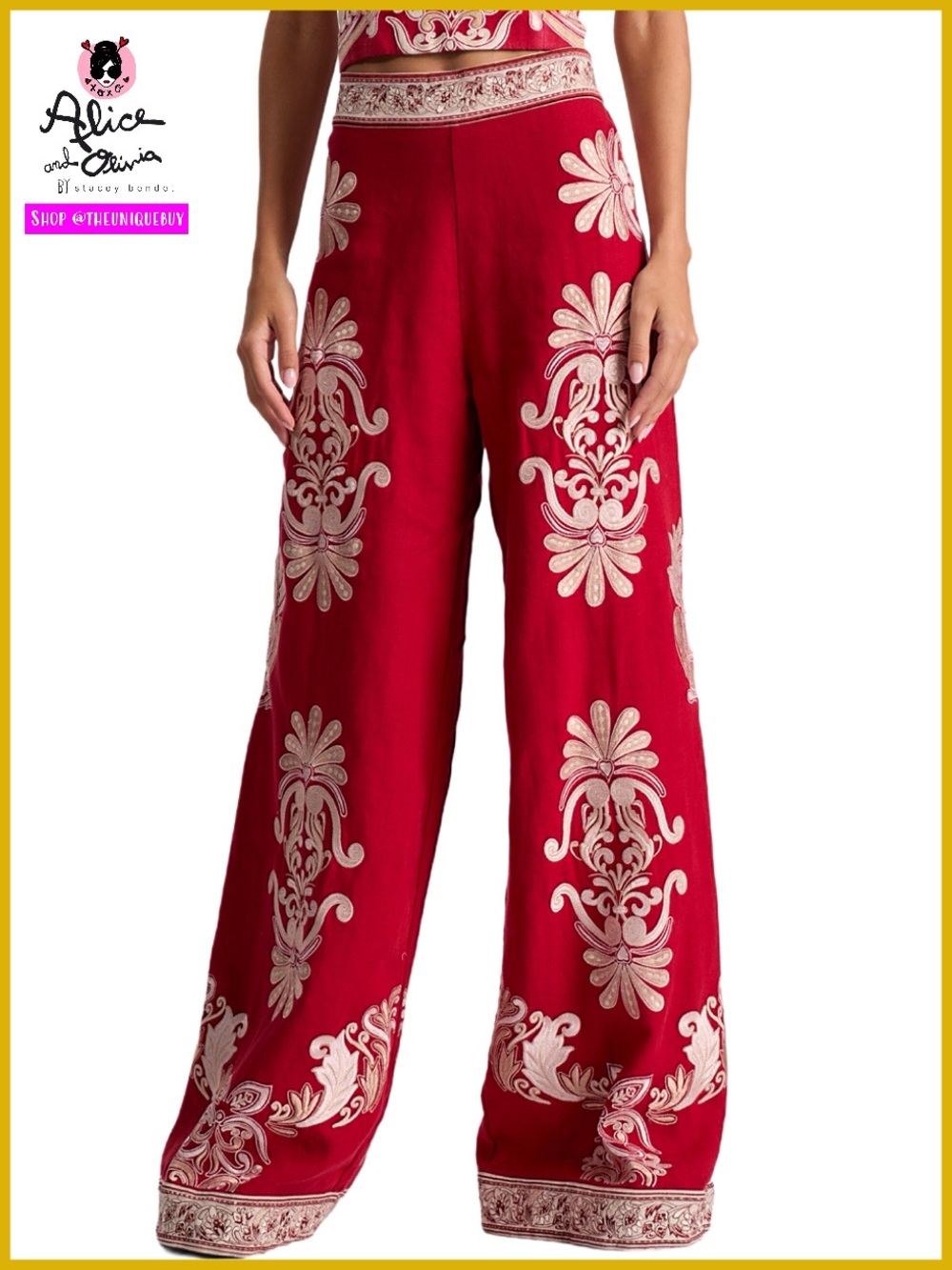 Alice + Olivia Athena Floral Embroidered Linen Wide Leg Pants